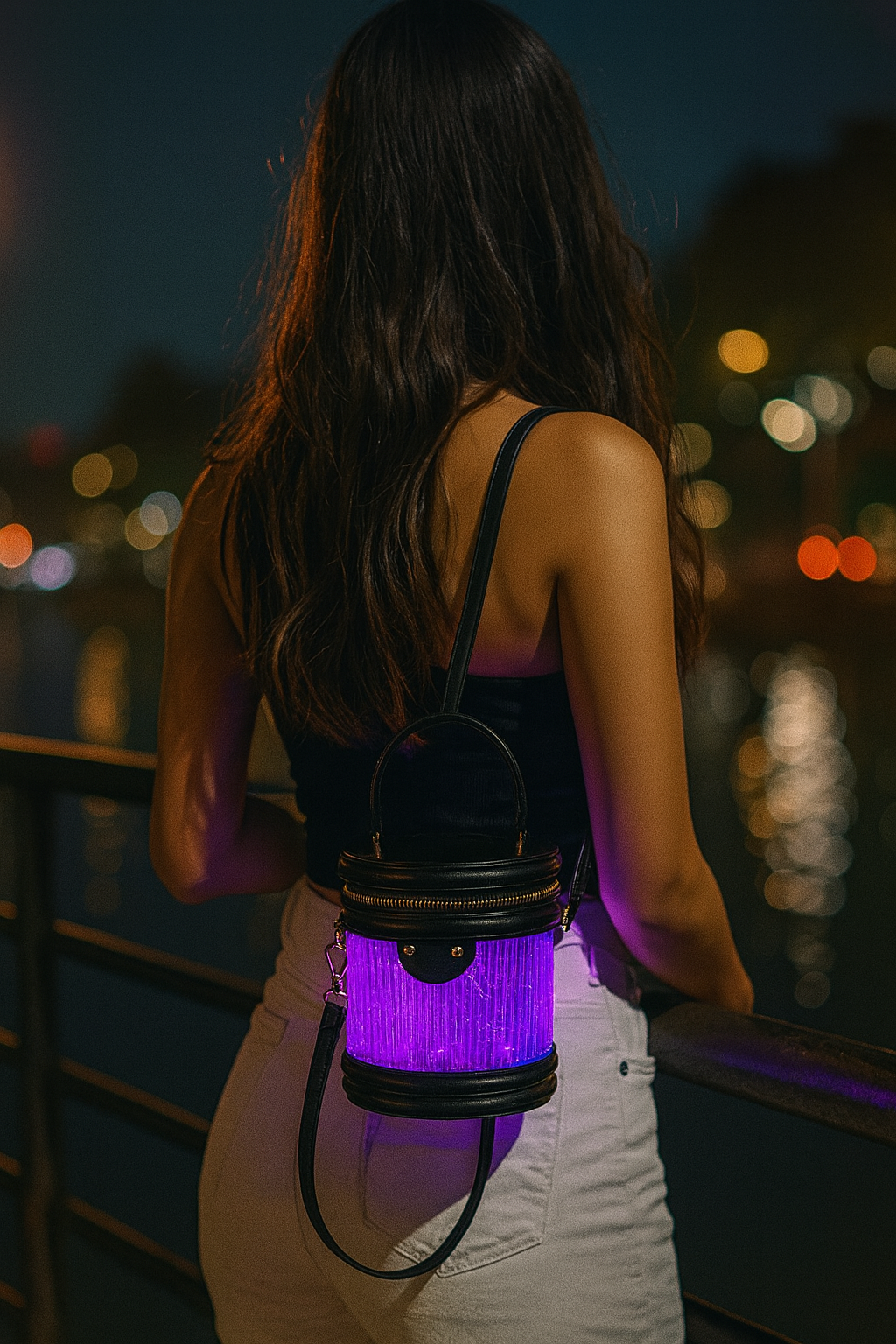 Model wearing the glowing Haske Halo Bag at night