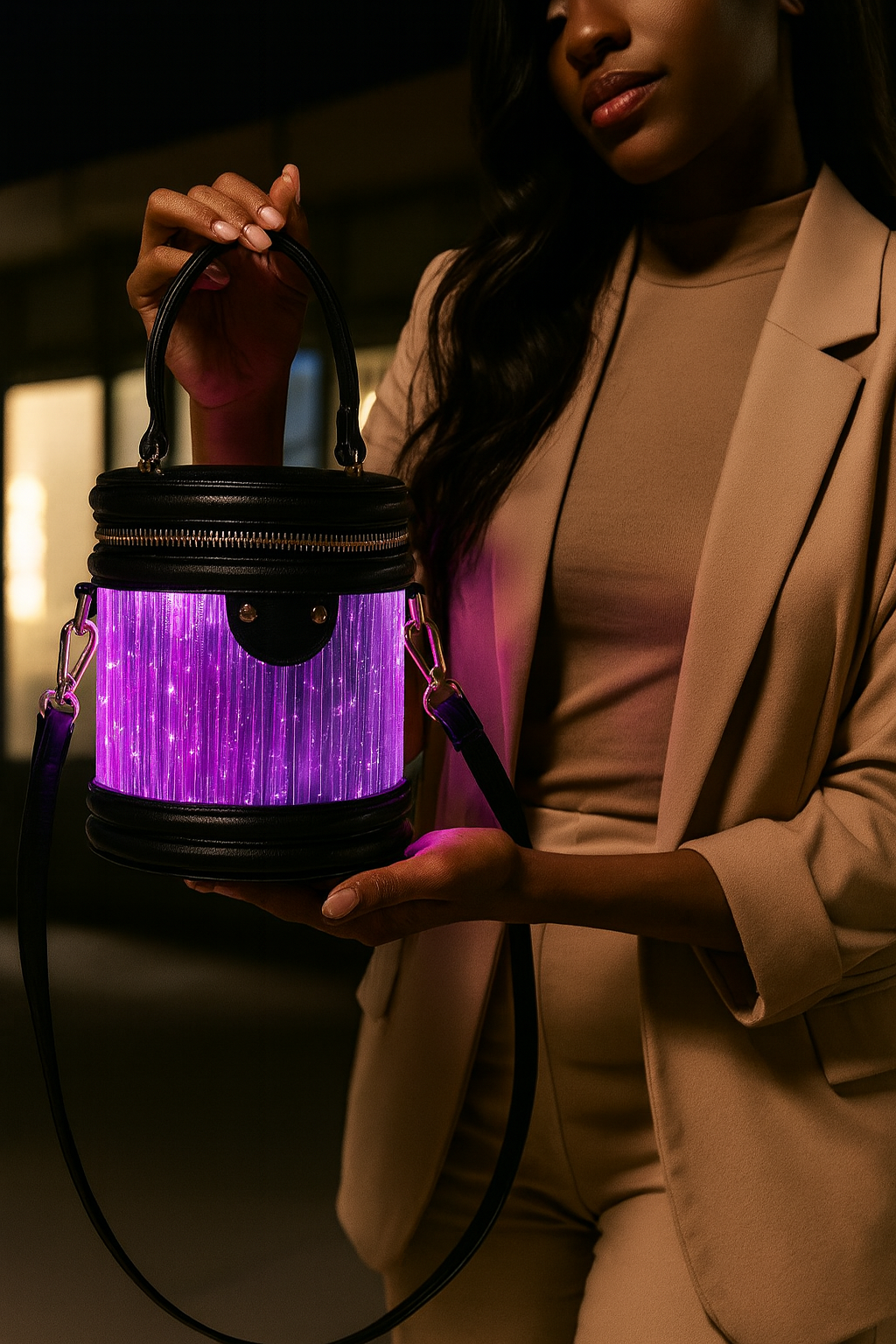 Woman holding the glowing Haske Halo Bag in an elegant evening setting