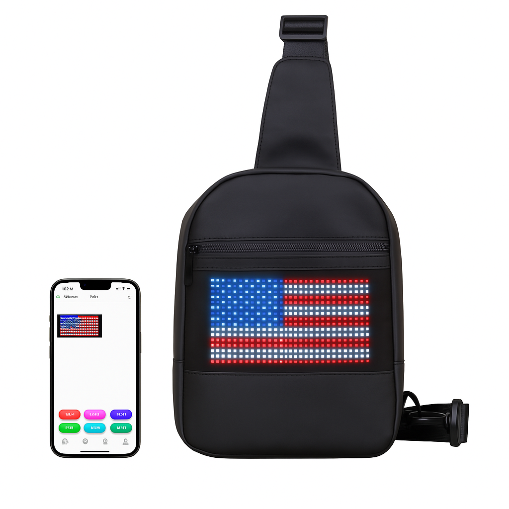 Haske Mosaic Sling displaying an illuminated flag graphic with the SPOTLED app shown beside it