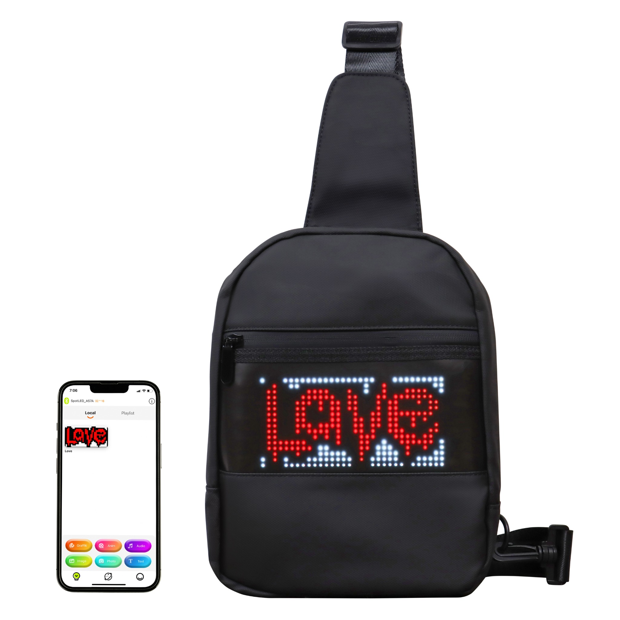 Haske Mosaic Sling displaying the word Love with the SPOTLED app shown beside it