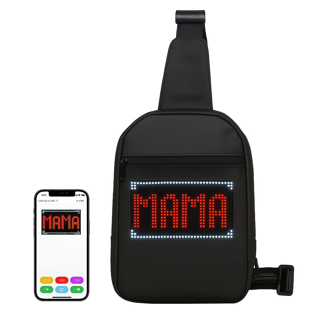 Haske Mosaic Sling displaying a custom illuminated MAMA message with the SPOTLED app