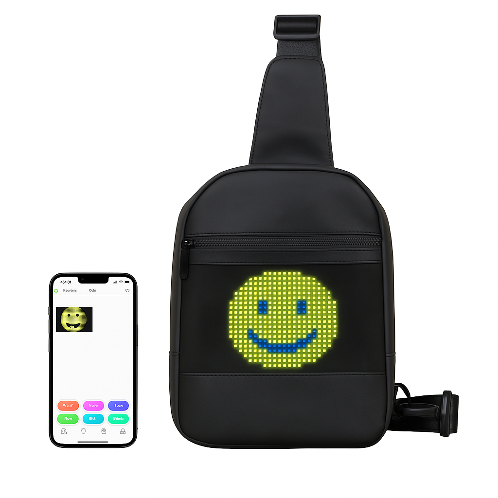 Haske Mosaic Sling displaying a bright smiley-face graphic with the SPOTLED app