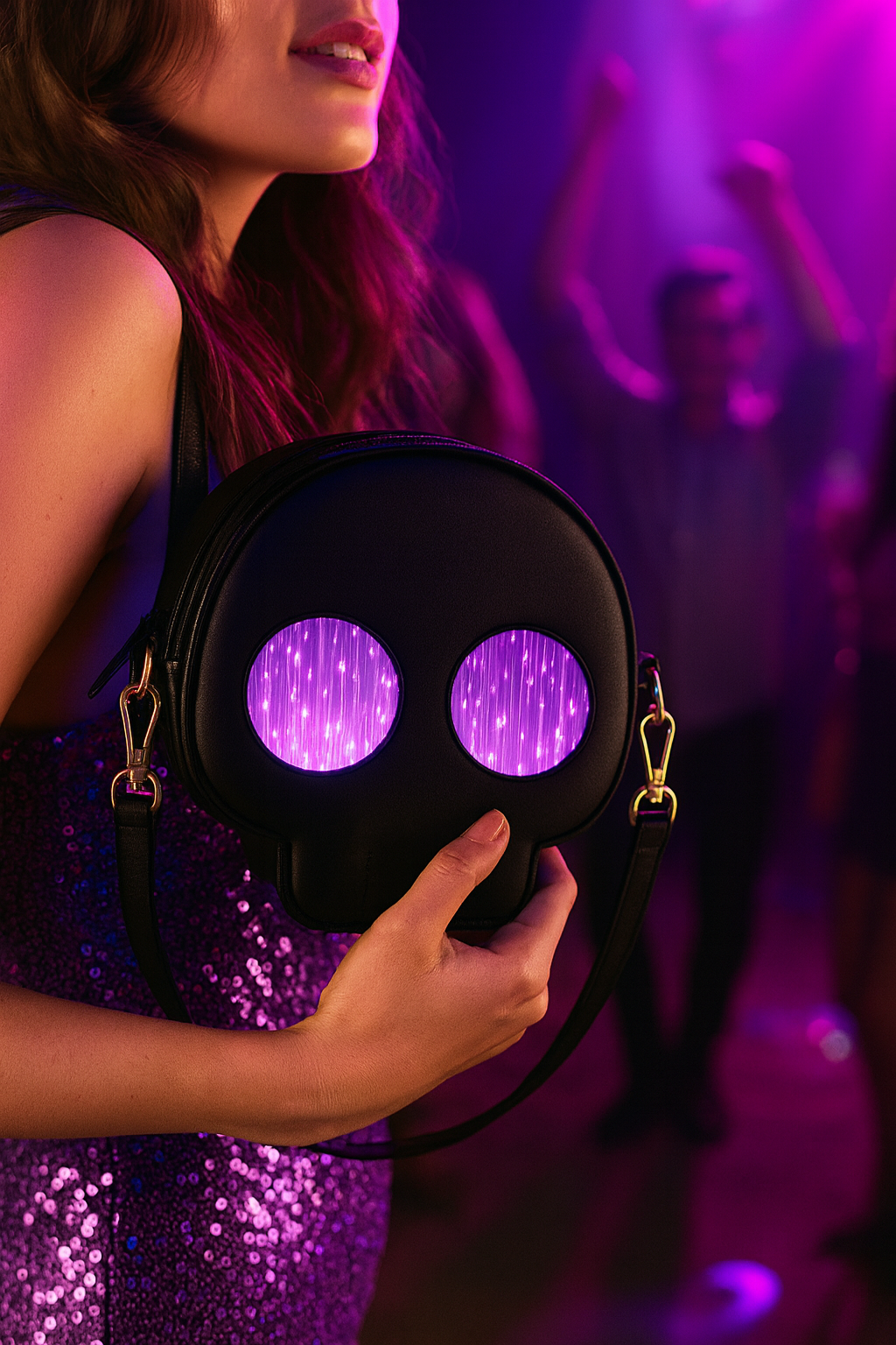 Woman holding the glowing Haske Nocturne Bag in a nightclub setting