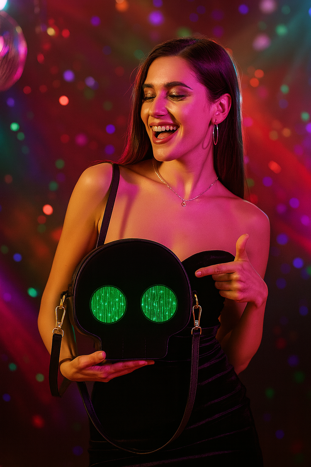 Woman holding the Haske Nocturne Bag with green glowing eyes in a party setting